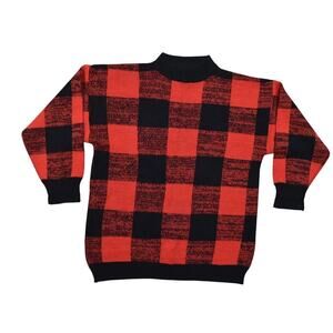 Ricki Miss Erika Vintage Red & Black Pullover Sweater, Acrylic Medium Plaid 80's